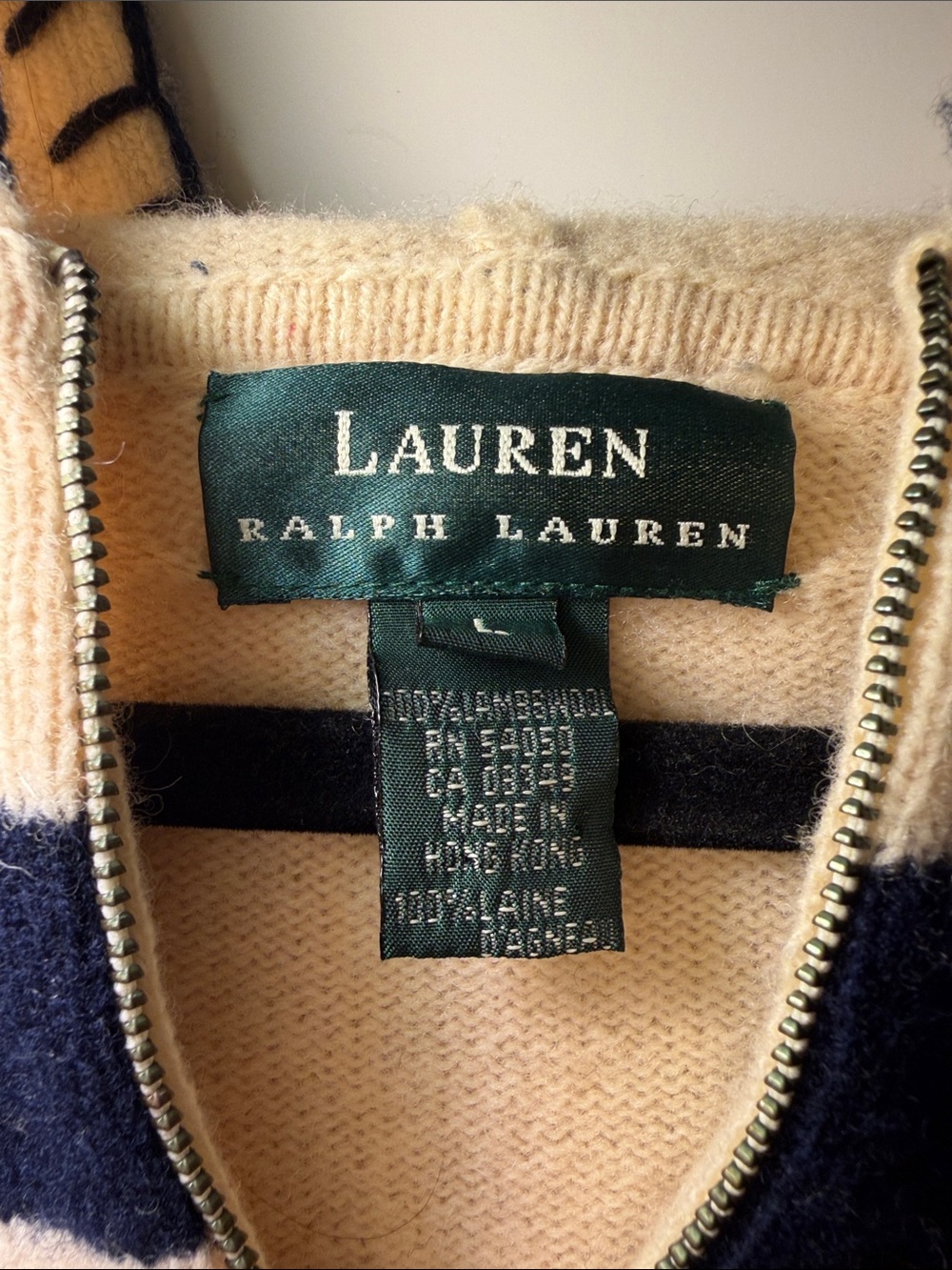 Ralph Lauren 100% Lambswool Cream Hooded Half-Zip Sweater with Multi Stripes - Picture 3 of 7